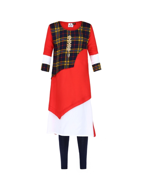 

Aarika Girls Red & Navy Blue Printed Kurta with Churidar