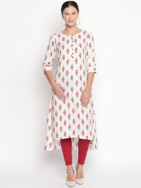 

RANGMANCH BY PANTALOONS Women Off-White & Pink Floral Print A-Line Kurta