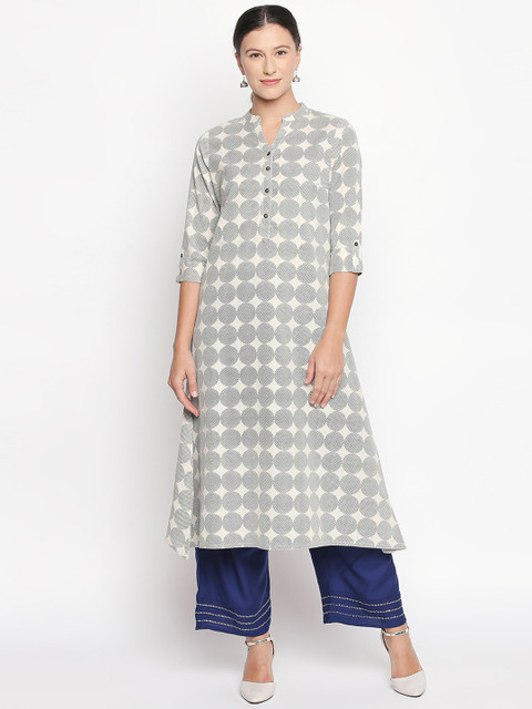 

RANGMANCH BY PANTALOONS Women Blue & Off-White Printed A-Line Kurta