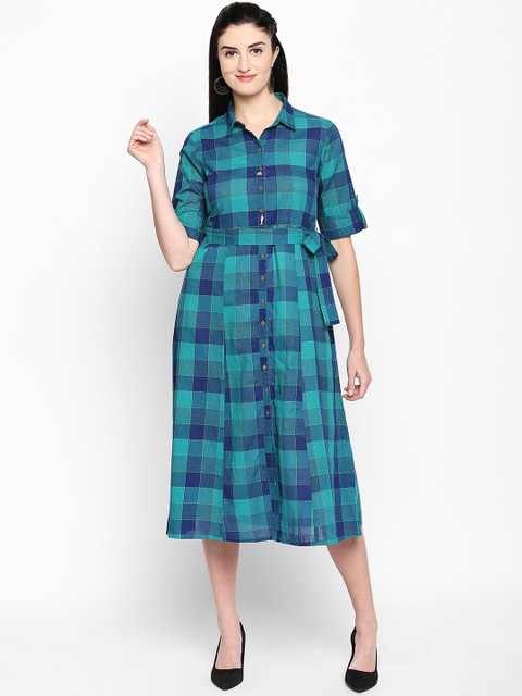 

AKKRITI BY PANTALOONS Women Blue Checked A-Line Dress