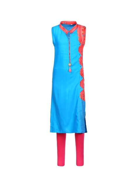 Aarika Girls Blue & Pink Solid Kurta with Churidar