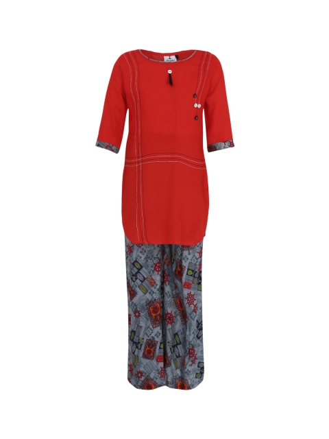 Aarika Girls Red & Grey Striped Kurti with Palazzos