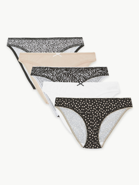 

Marks & Spencer Women Pack of 5 Printed Bikini Briefs T610381BBLACK MIX, Multi