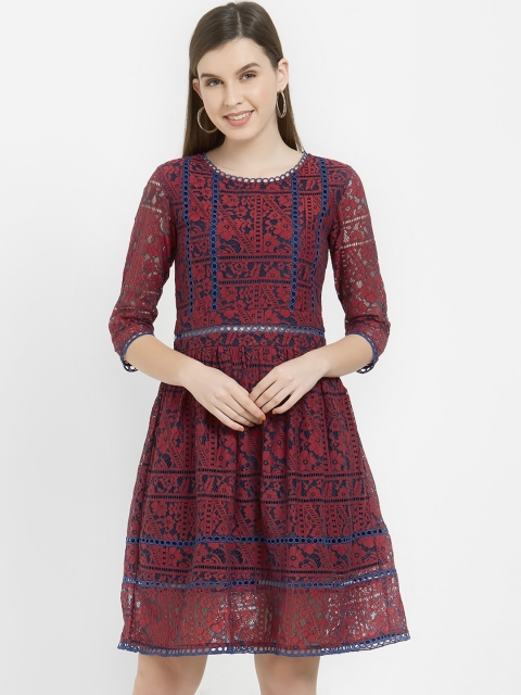 

Soie Women Maroon Self Design Fit and Flare Dress