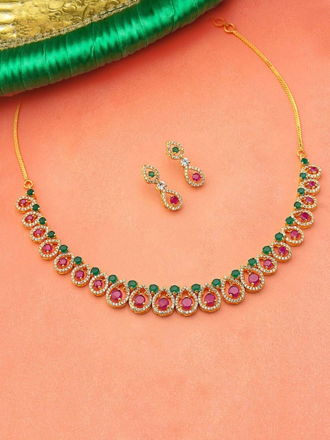

Voylla Women Gold-Plated, Red & Green Stone-Studded Jewellery Set