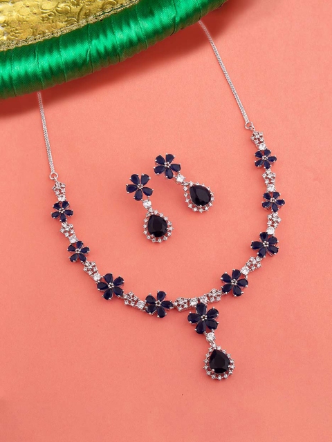 

Voylla Women Silver-Plated & Navy-Blue Stone-Studded Handcrafted Jewellery Set