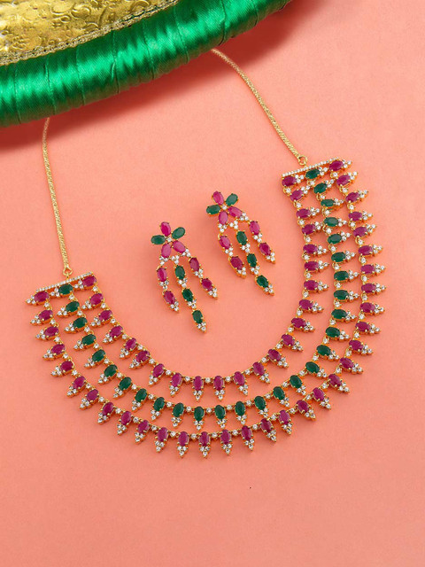 

Voylla Women Gold-Plated, Pink & Green Stone-Studded Jewellery Set