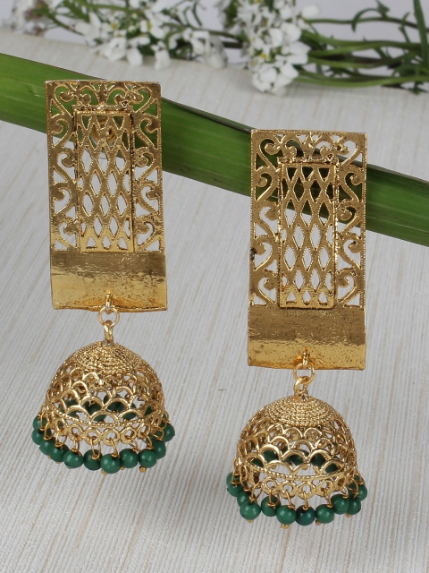 

Shining Diva Gold-Toned & Green Dome Shaped Jhumkas