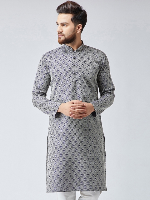 

Jompers Men Purple & Grey Jacquard Woven Design Straight Kurta