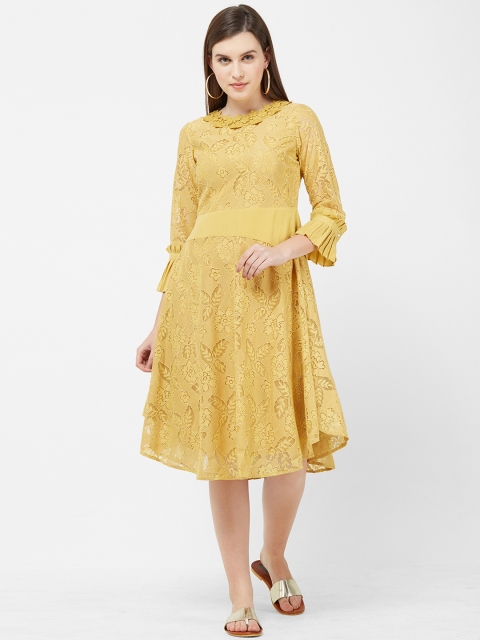 

Soie Women Mustard Yellow Self Design Fit and Flare Dress