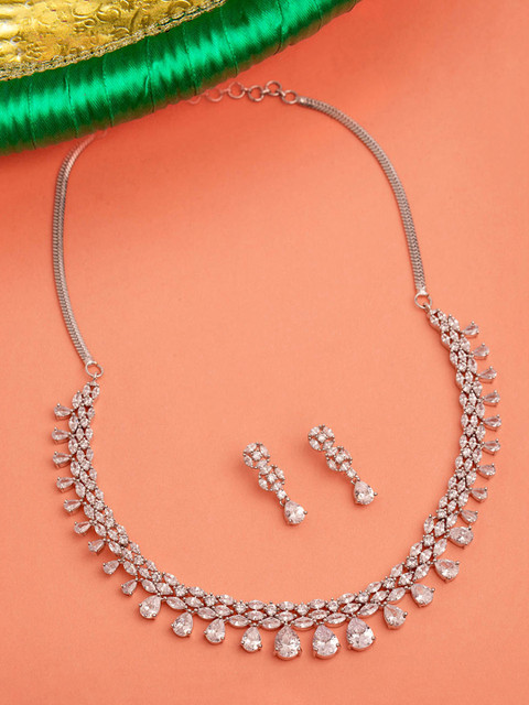 

Voylla Women Silver-Plated & White CZ Stone-Studded Jewellery Set
