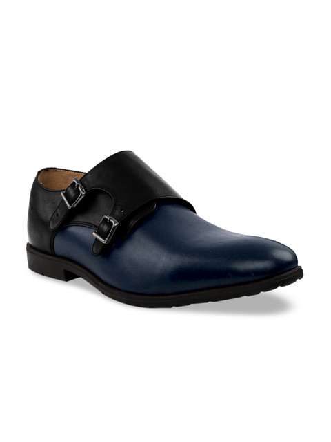 

RAPAWALK Men Black & Blue Standard Width Leather Formal Monks