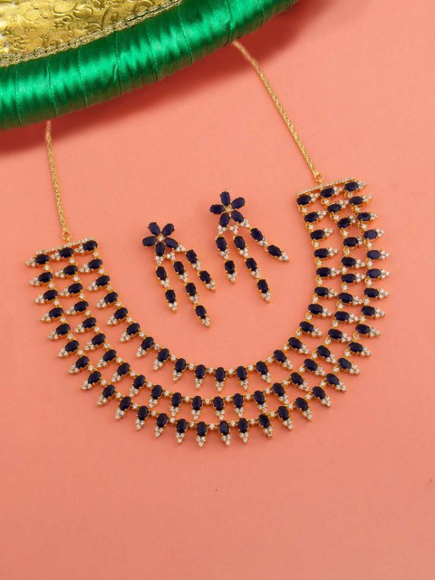 

Voylla Women Gold-Plated, White & Navy-Blue Stone-Studded Jewellery Set
