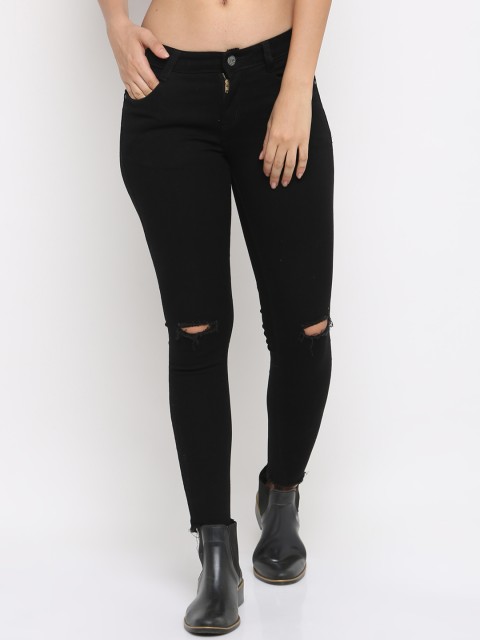

ZHEIA Women Black Skinny Fit Mid-Rise Slash Knee Jeans