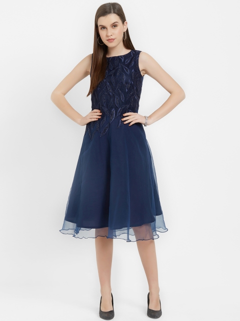

Soie Women Blue Embellished Fit and Flare Dress