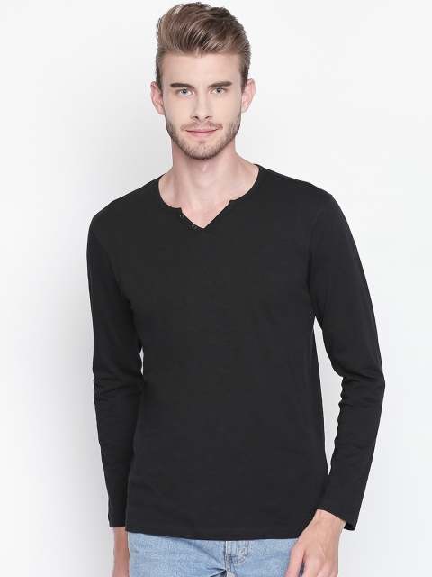 

Urban Ranger by pantaloons Men Black Solid Henley Neck Pure Cotton T-shirt