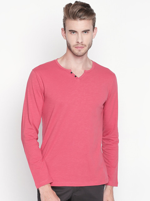 

Urban Ranger by pantaloons Men Pink Solid Round Neck Pure Cotton T-shirt