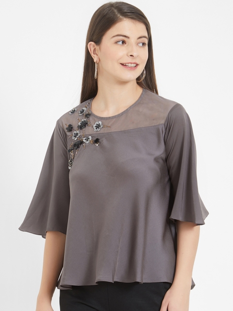 Soie Women Grey Solid A-Line Top