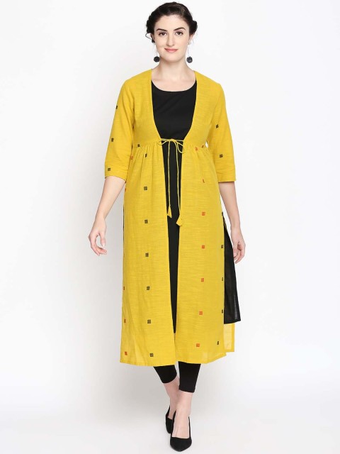 

RANGMANCH BY PANTALOONS Women Yellow & Black Embroidered Straight Kurta