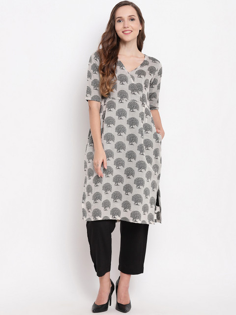 

trueBrowns Women Grey & Black Printed Kurta with Palazzos