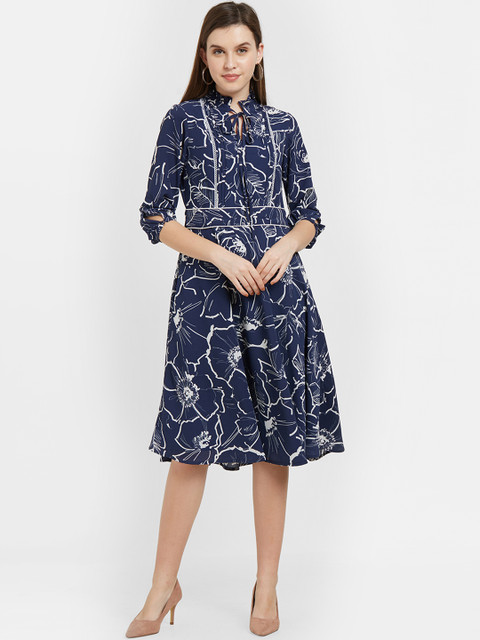 

Soie Women Navy Blue Printed Fit and Flare Dress
