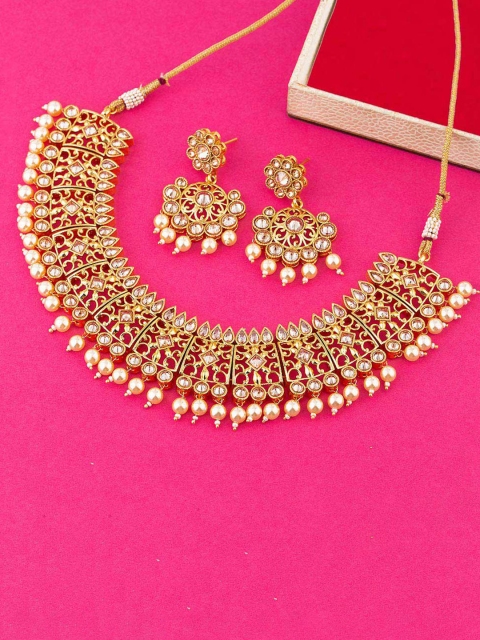 

Voylla Women Gold-Plated, Beige & Off-White Pearl & Stone-Studded Jewellery Set