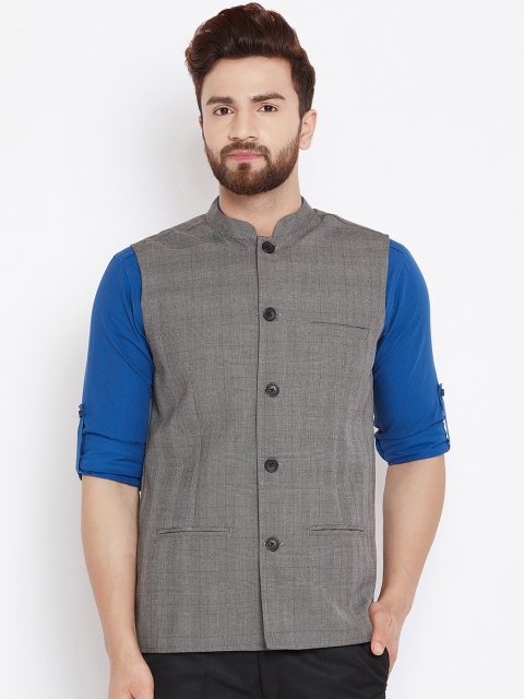

Even Men Grey Checked Woven Wool Nehru Jacket