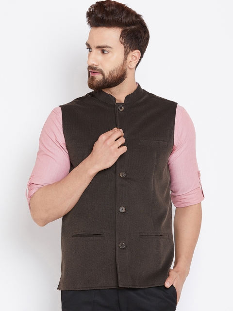 

Even Men Brown Solid Woven Nehru Jacket