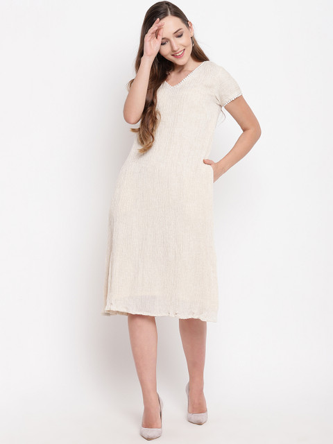 

trueBrowns Women Beige Self Design A-Line Dress