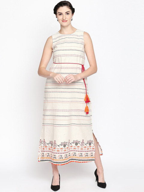 

AKKRITI BY PANTALOONS Women Off-White Striped Sheath Dress