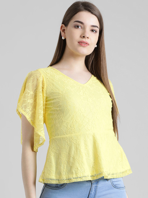 

Zink London Women Yellow Self Design Peplum Top