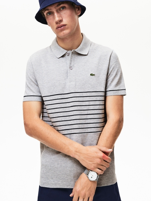 

Lacoste Men Grey Melange Striped Polo Collar T-shirt