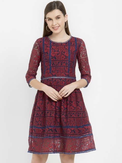 

Soie Women Maroon Self Design Fit and Flare Dress