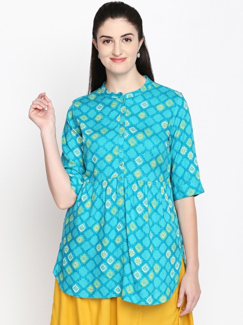 

AKKRITI BY PANTALOONS Turquoise Blue & Beige Printed Tunic