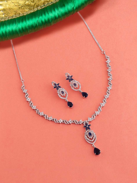 

Voylla Women Silver-Plated & Navy-Blue Handcrafted Stone-Studded Jewellery Set
