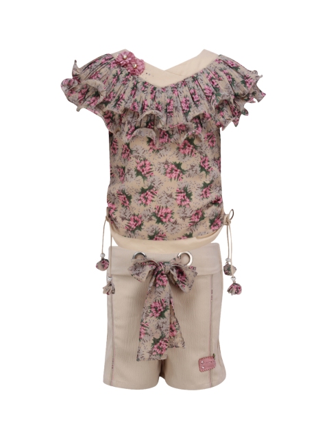 

CUTECUMBER Girls Beige & Pink Printed Co-Ords Set