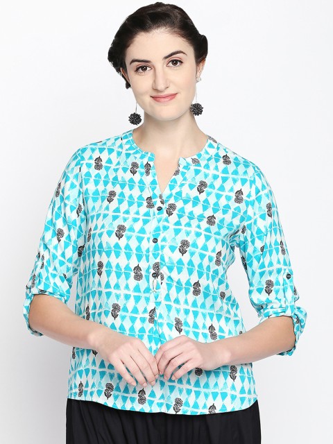 

AKKRITI BY PANTALOONS Women Green Printed Shirt Style Top
