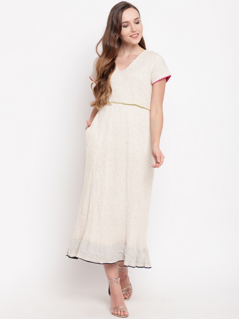 

trueBrowns Women Beige Self Design Fit and Flare Dress