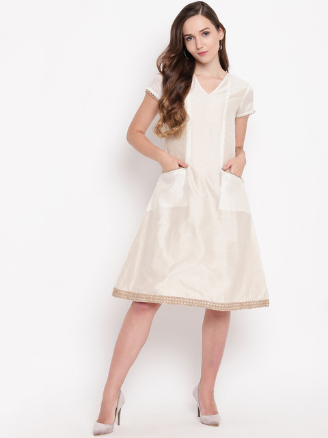 

trueBrowns Women Cream-Coloured Solid A-Line Dress