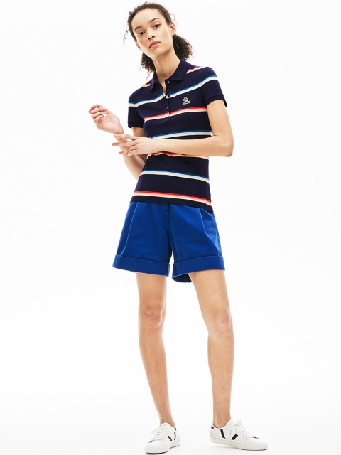 Lacoste Women Navy Blue Striped Polo Collar T-shirt
