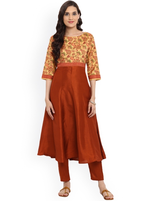 

ZIYAA Women Brown & Mustard Yellow Printed Anarkali Kurta