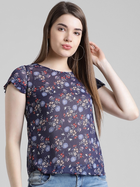 

Zink London Women Navy Blue & Beige Printed Top