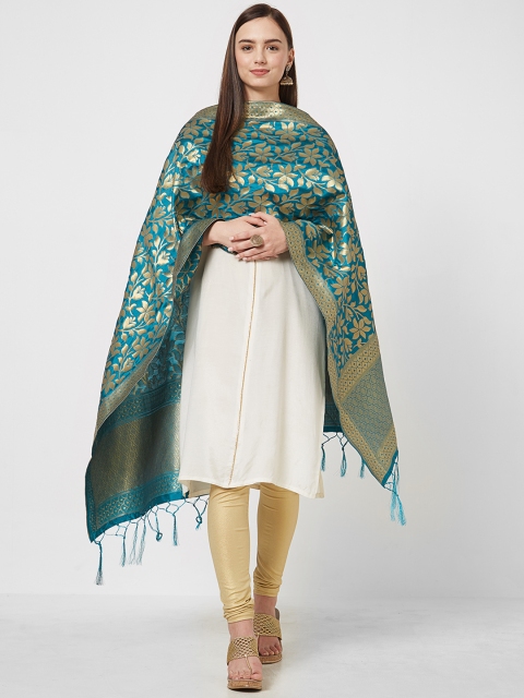 

Saree mall Teal & Gold-Toned Woven Design Dupatta