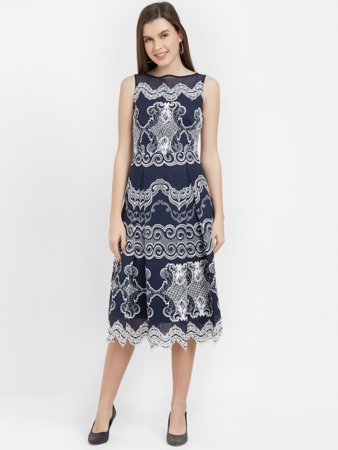 

Soie Women Navy Blue Printed Fit and Flare Dress