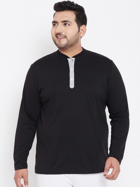 

bigbanana Plus Size Men Black Solid Mandarin Collar T-shirt