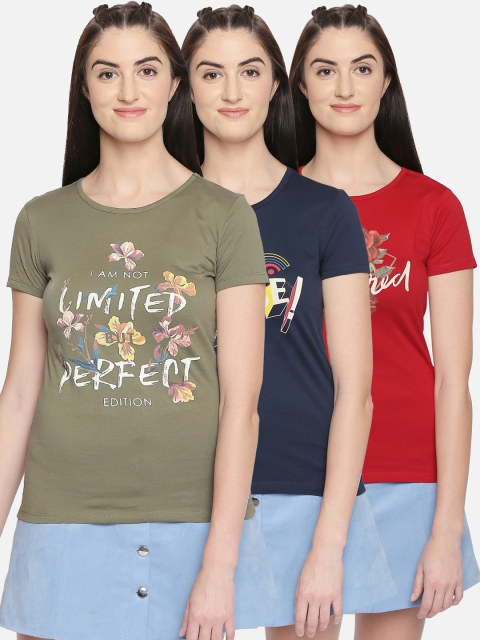 

Honey by Pantaloons Women Pack of 3 Printed Round Neck T-shirts, Olive