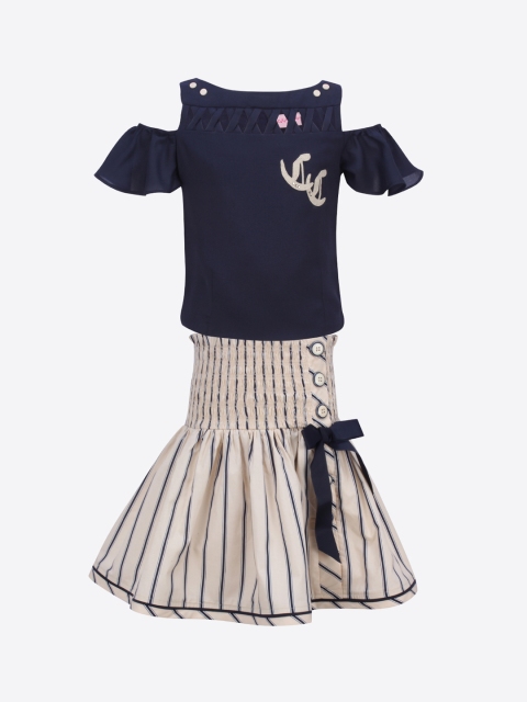 

CUTECUMBER Girls Navy Blue & Beige Solid Top with Skirt