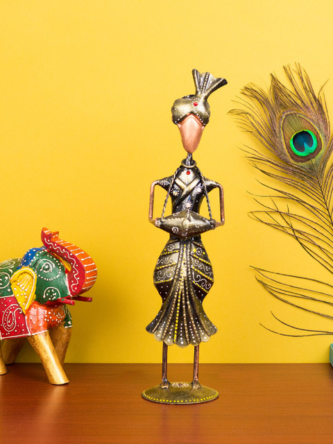 

Golden Peacock Multicoloured Handcrafted Mucisian with Turban Showpiece, Multi