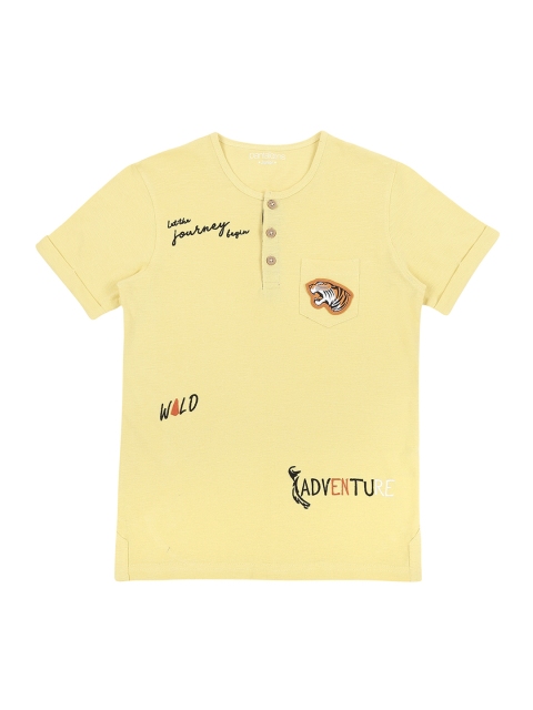 

Pantaloons Junior Boys Yellow Printed Henley Neck Pure Cotton T-shirt