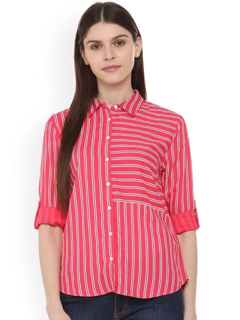 

People Women Red & Off-White Regular Fit Striped Casual Shirt